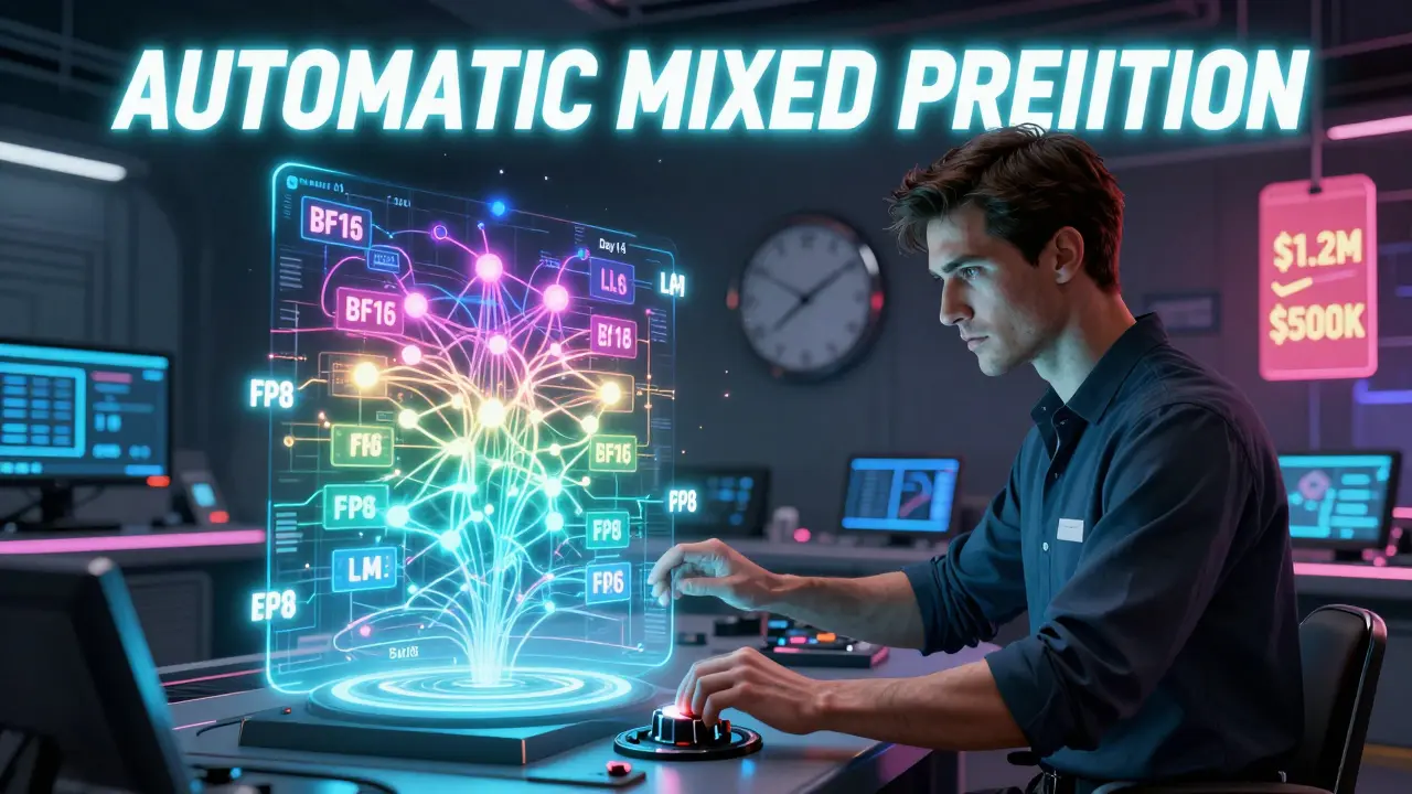 AI trainer adjusting FP8 precision settings in a futuristic control room, with holographic LLM layers and cost/time savings displayed.