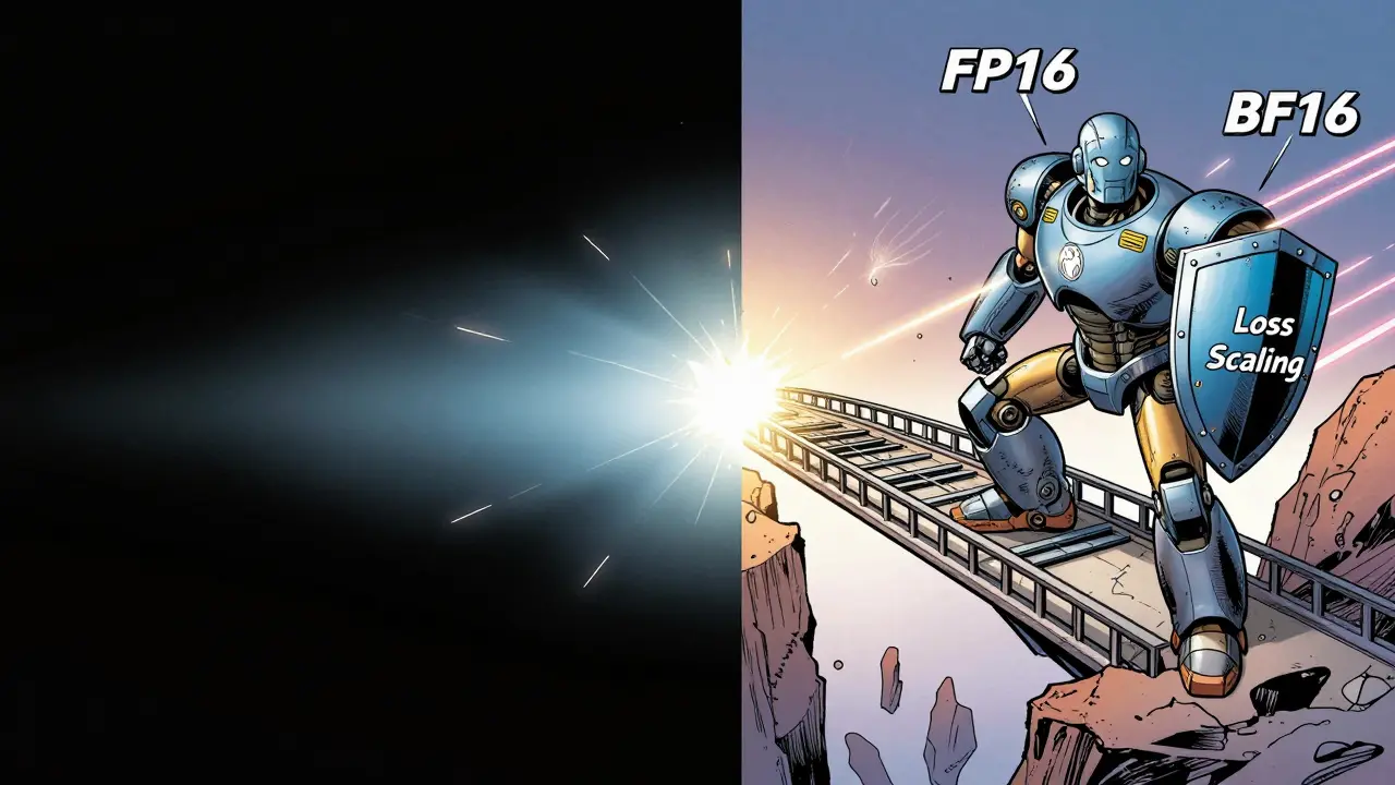 Battle between FP16 and BF16 precision formats in a neural network, with BF16 stabilizing gradients while FP16 collapses into underflow.