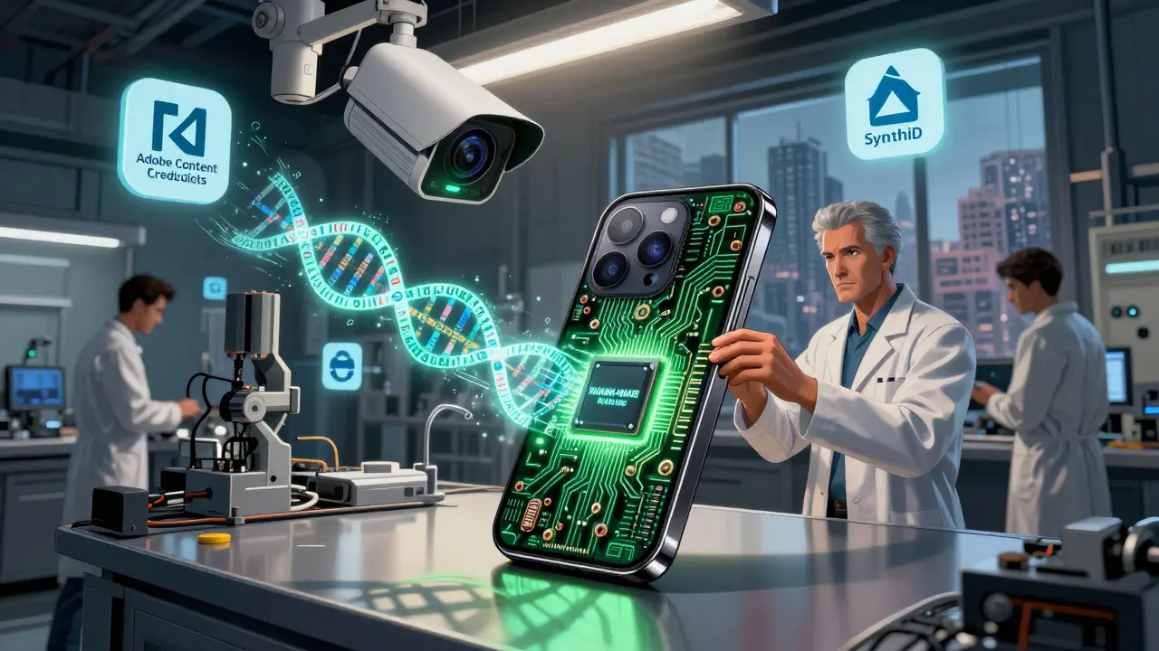 Engineers installing a human-authentication chip into a smartphone camera during manufacturing.