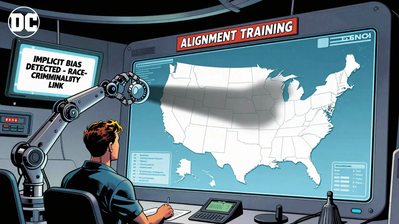 Technicians monitor a warning about racial bias in LLM outputs, shadows spreading across a U.S. map.