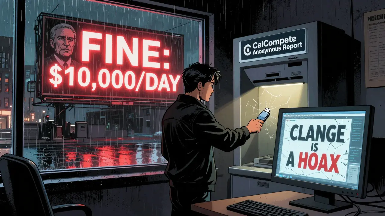A whistleblower submits an anonymous report as a billboard warns of ,000 daily fines for AI violations.