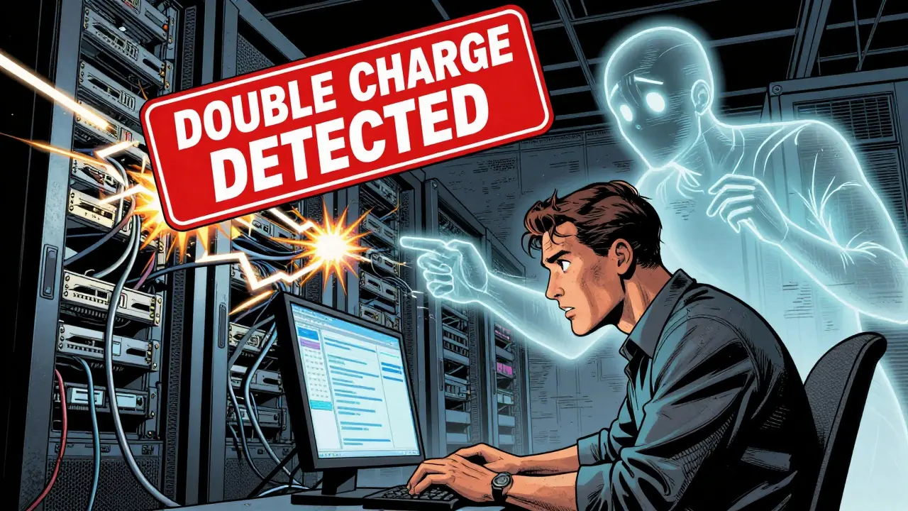 Server room in chaos with crashing hardware and a red alert for double charges, engineer correcting AI-generated code.
