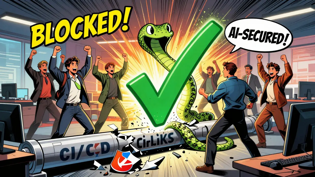 Team celebrates blocking AI-generated secret with green checkmark, shattered old scanner at feet.