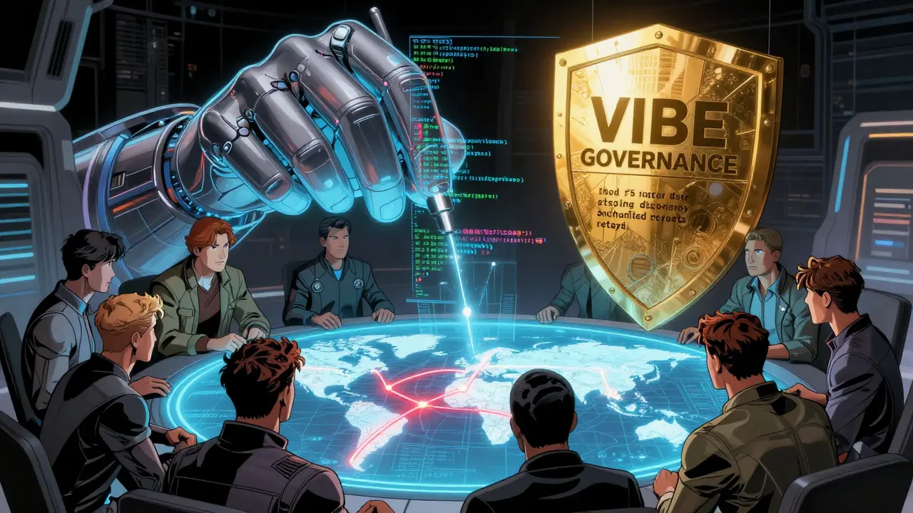 Team monitoring a global transaction map with a golden governance shield blocking dangerous AI code patterns.