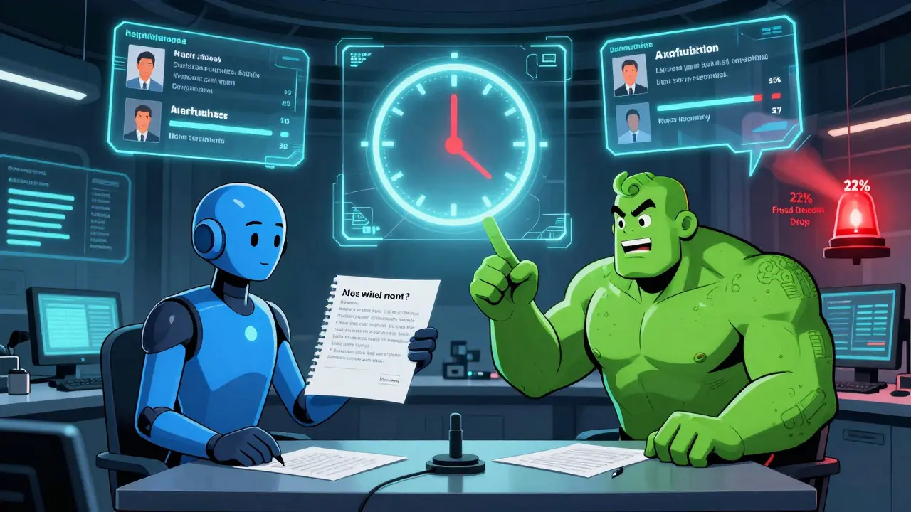 Two AI avatars side-by-side in a control room, being evaluated by humans as a red alert flashes over a 22% performance drop.