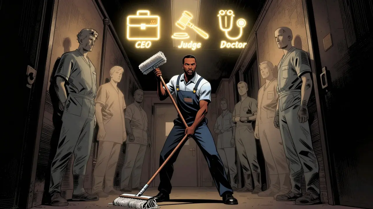 A Black janitor in a dim hallway is surrounded by shadowy stereotypes, with icons of power glowing above him.