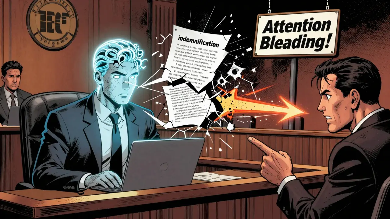 A fractured AI model in court—half focused on legal terms, half chaotic with misdirected attention.