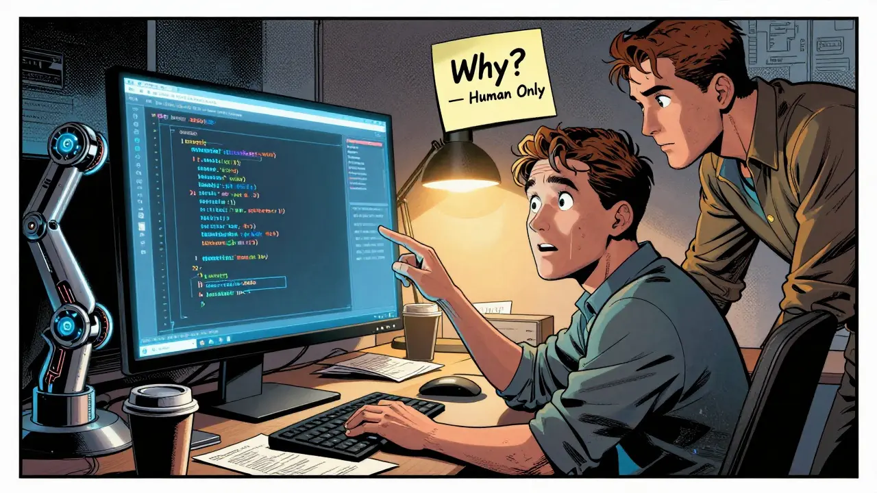 AI co-pilot drafts an ADR while human architect adds context at a cluttered desk.