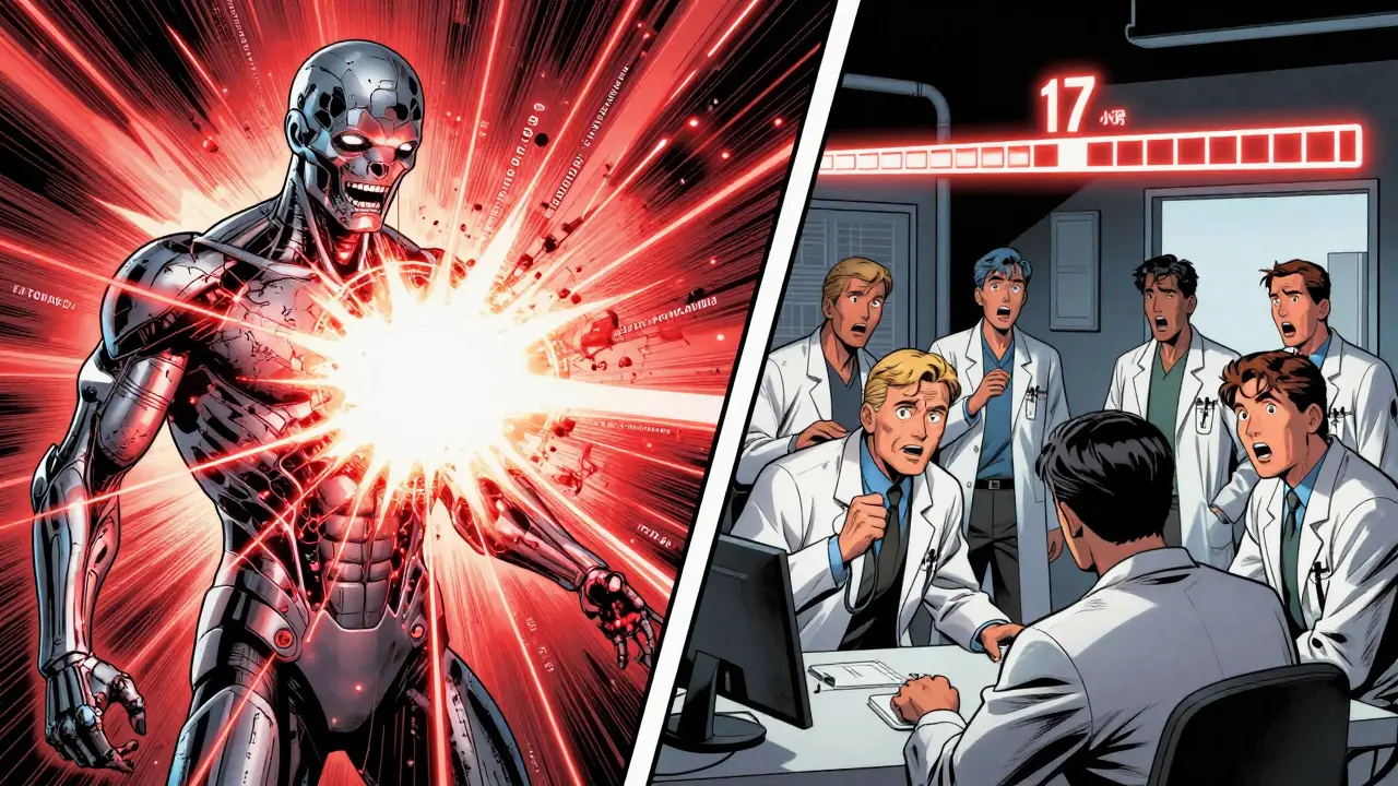 An AI leaks patient data while a team responds to an alert, timeline showing 17-minute detection window.