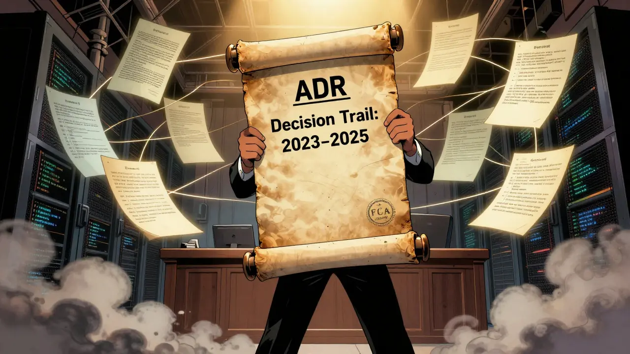 Auditor holds a glowing ADR scroll as AI decision ghosts float behind in a server room.