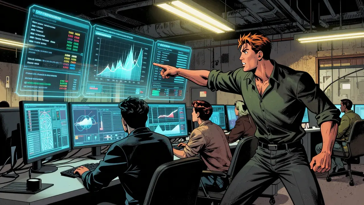 Security analysts monitor holographic AI telemetry data with urgent expressions in a high-tech SOC.