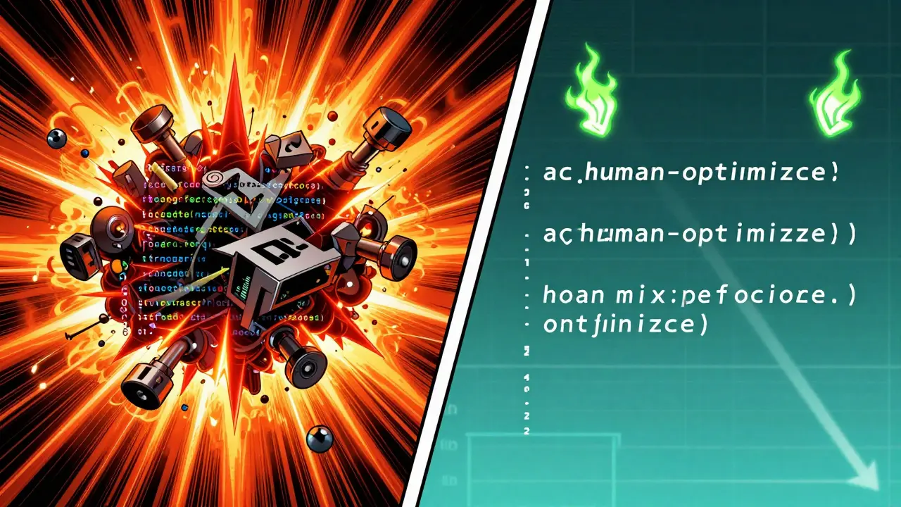 Side-by-side code snippets: chaotic AI-generated code with red energy spikes vs. clean optimized code with green efficiency icons.