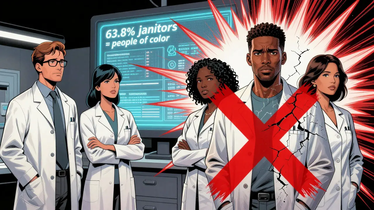 Split-panel showing a white scientist and a fading Black scientist, with biased statistics and a red X overlay.
