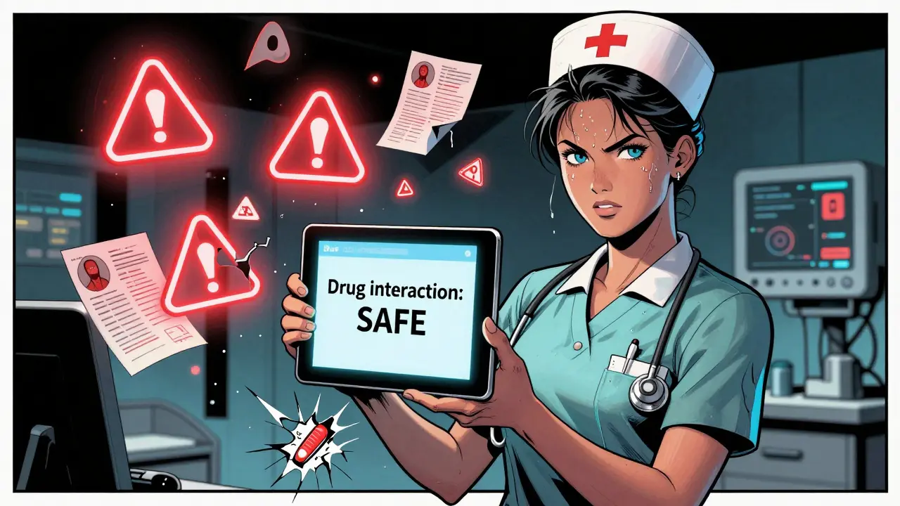 A nurse sees a false AI safety confirmation while ghostly warnings float behind her.