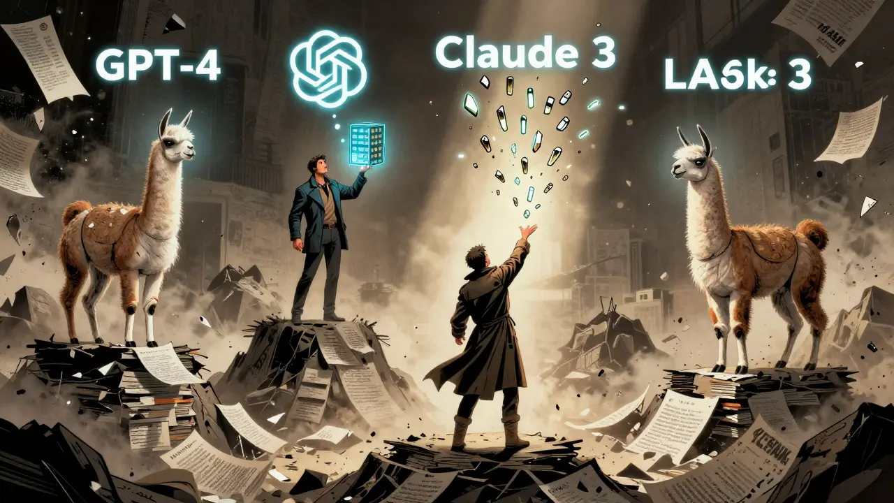 AI models battle chaos with discarded text mountains, while RAG delivers precise data shards to restore accuracy.