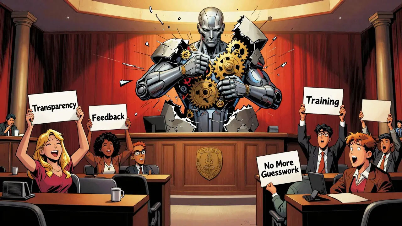 Diverse stakeholders confronting a cracked AI statue in a university ethics hearing.