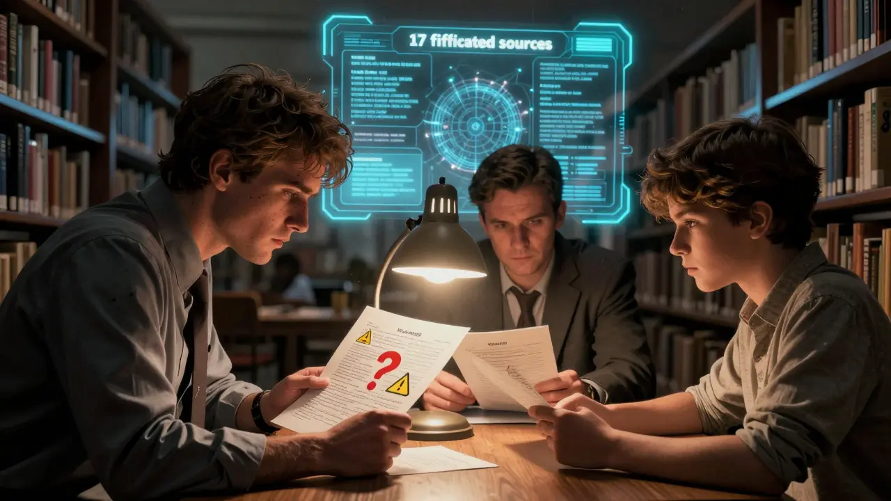 Librarian, researcher, and student examining AI-generated paper with fake citations glowing red.