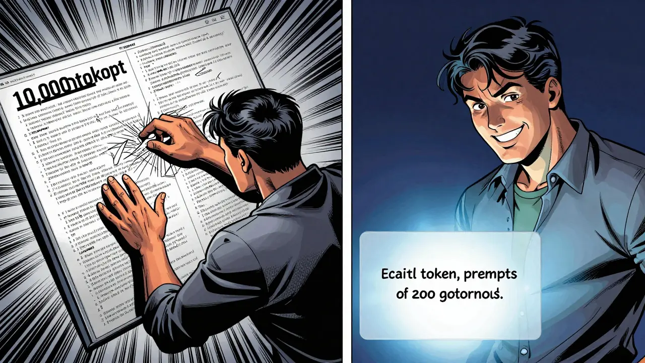 Split scene: a bloated prompt overwhelms one side, while a trimmed prompt brings clarity and focus on the other.