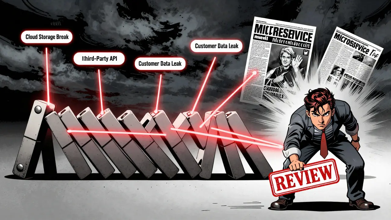 Domino effect of one hardcoded secret causing cloud breach, data leak, and corporate collapse in comic style.