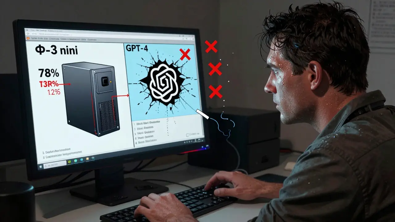 Engineer monitoring a small local LLM while data leaks from a collapsing cloud model.