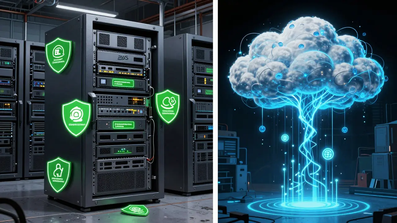 Hybrid AI setup with local server rack and cloud network in contrasting panels.