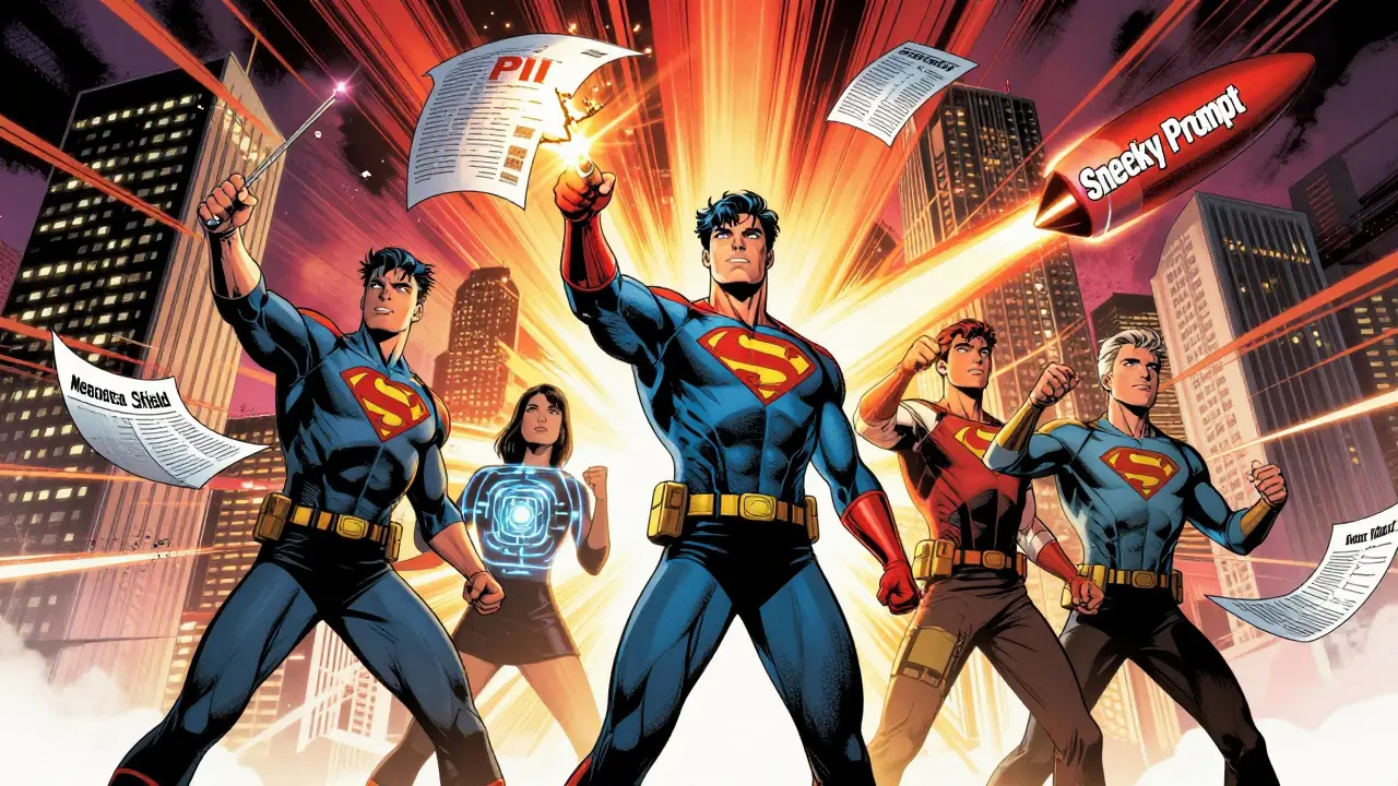 Superhero team defends AI core with redaction wand and metadata shield against malicious prompts.