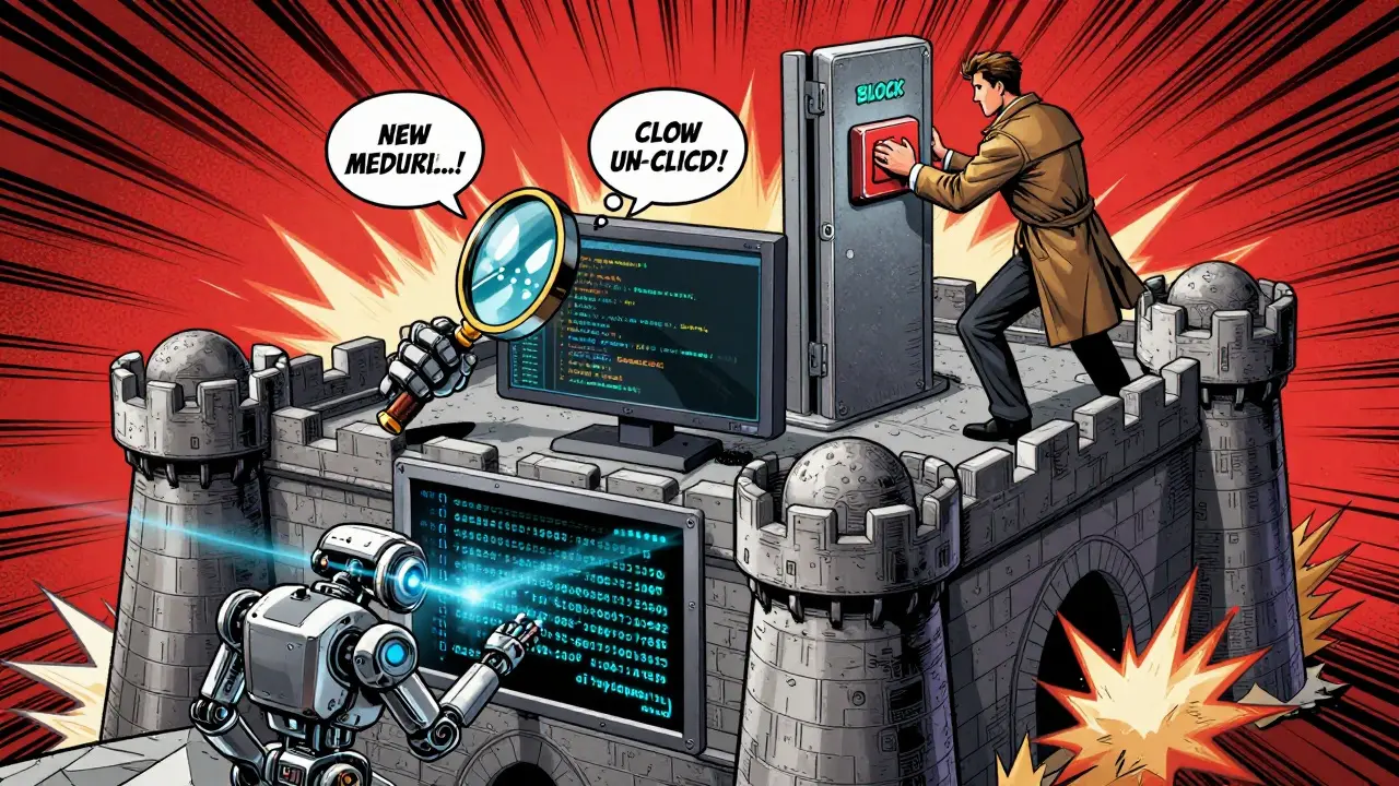 Three-layer security defense: scanner, AI reviewing code, and human blocking merge with dramatic comic book style.