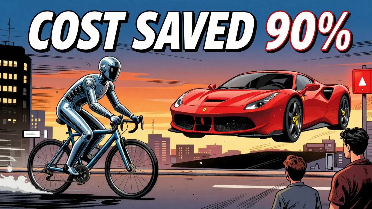 A bicycle-shaped AI model handles simple tasks while a giant model stands by for complex queries.