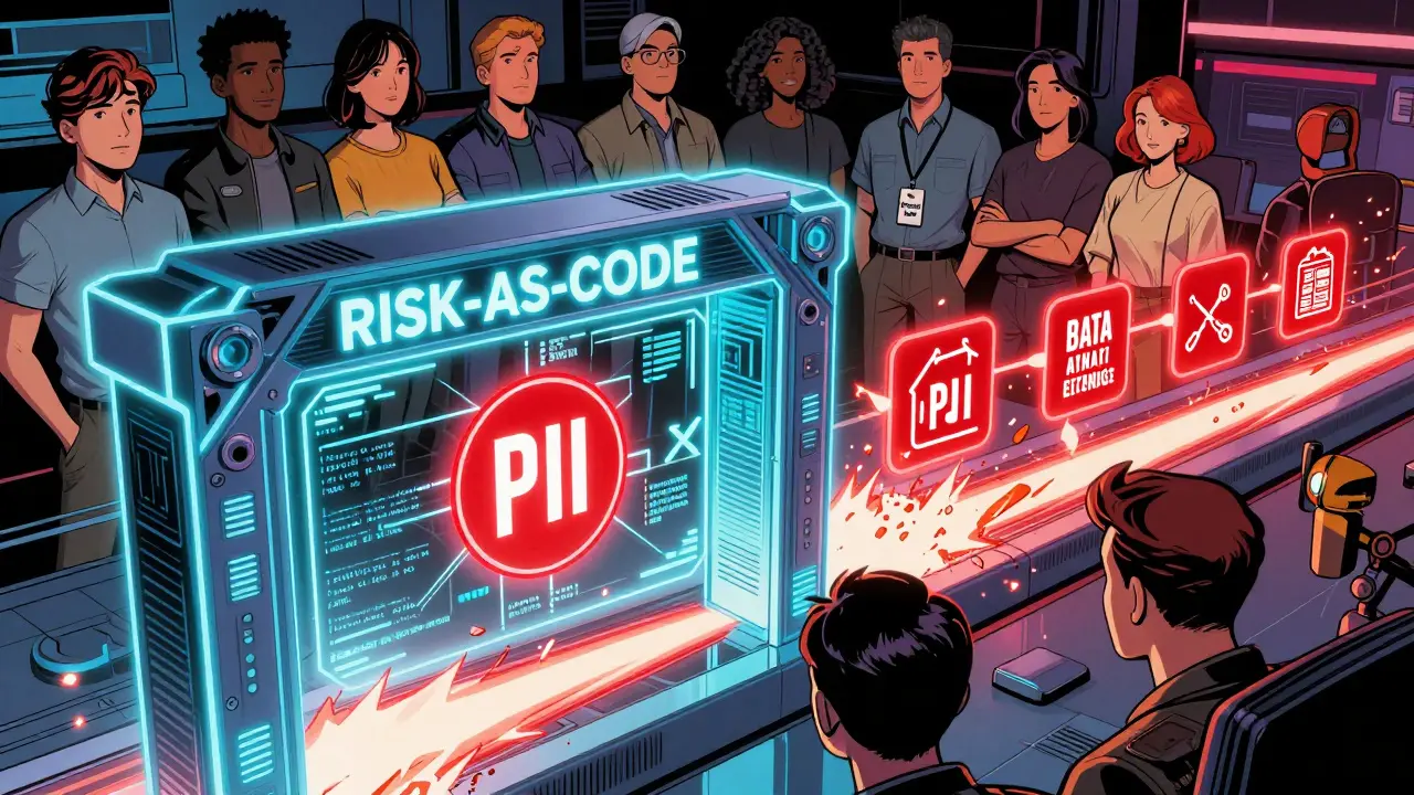 A deployment pipeline blocks an AI script due to detected risks, with safety icons shattering against a digital gate.