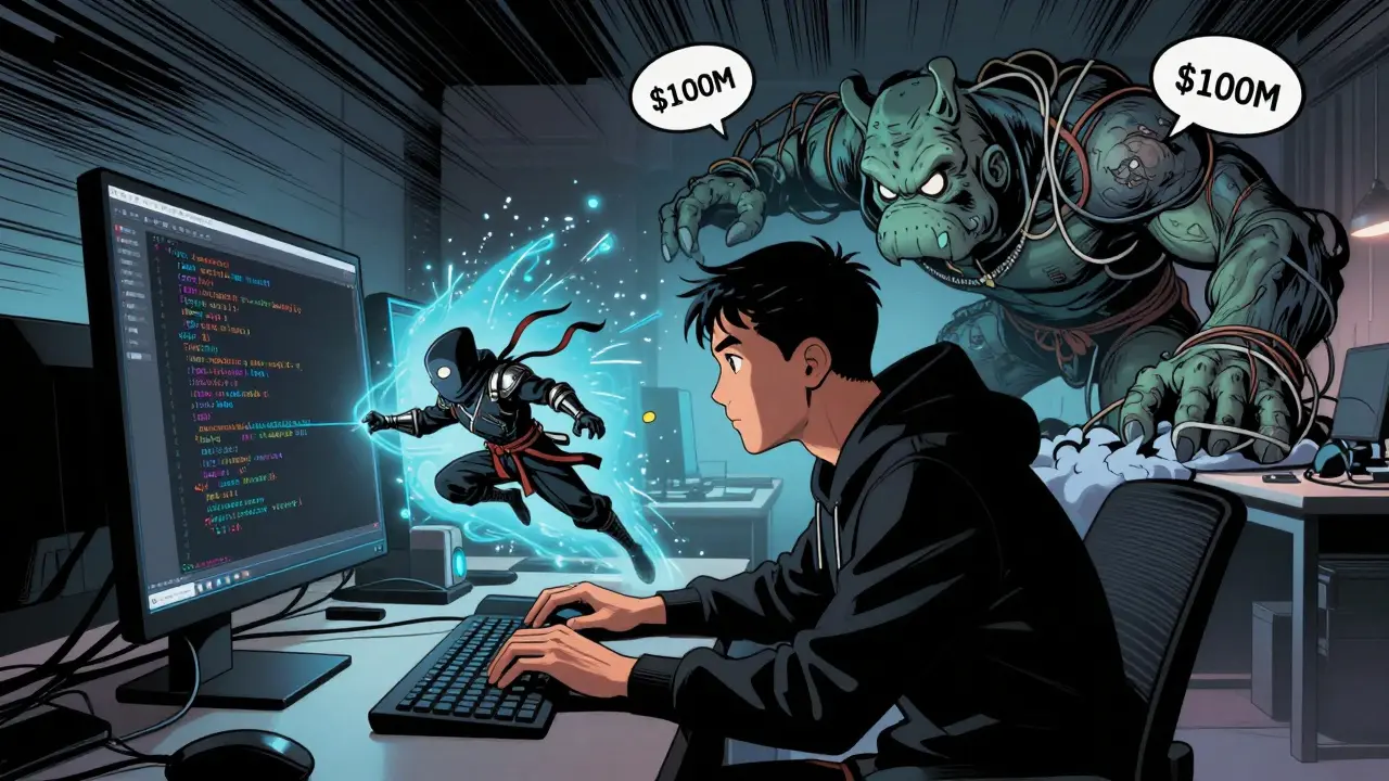 A developer aided by a fast AI ninja while a slow, expensive LLM struggles behind.