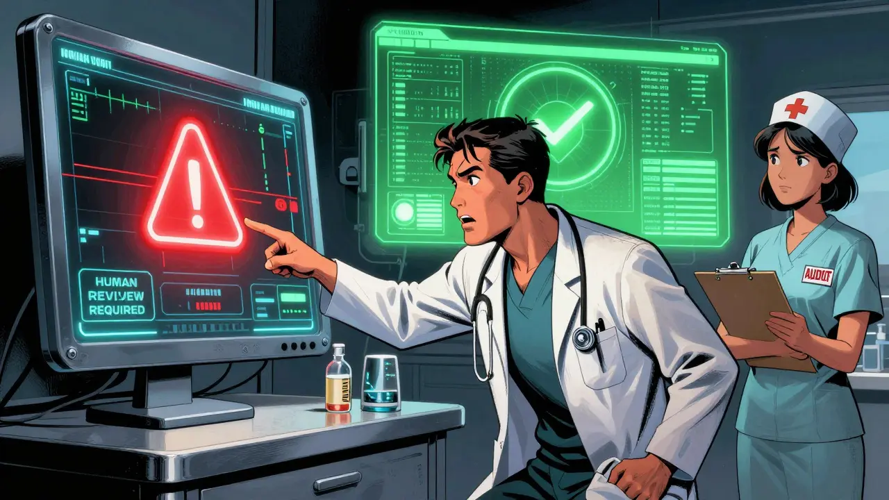 A doctor confronts an AI misdiagnosis in a hospital, with a human review alert and verification overlay visible.