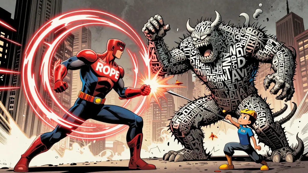 A heroic RoPE LLM battling chaotic words with rotating arms, while ALiBi assists with linear darts.