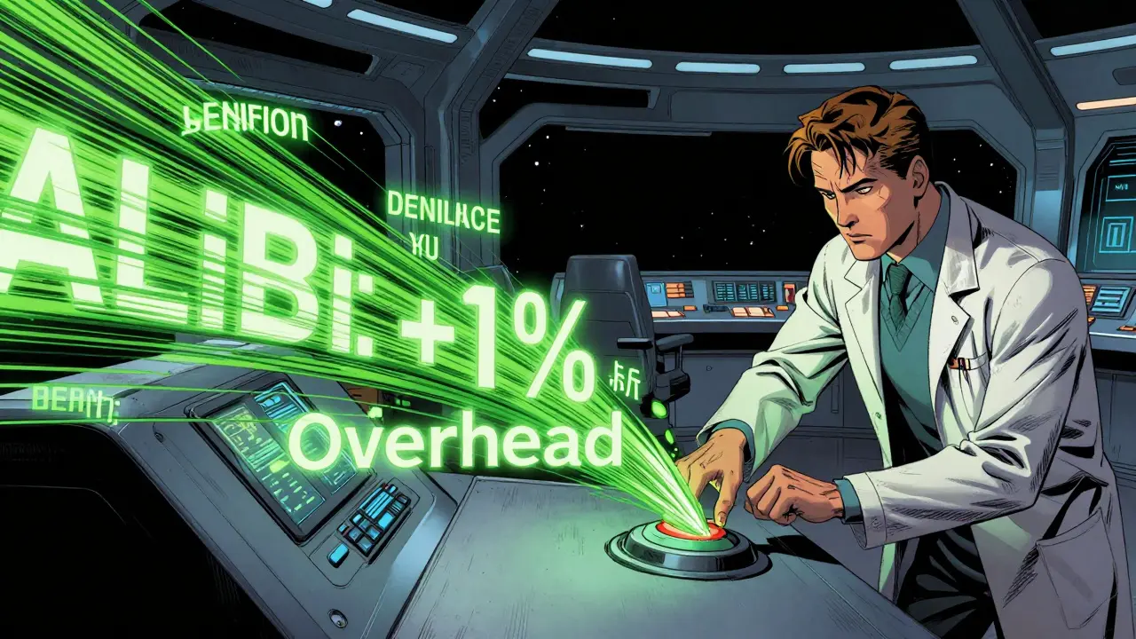 A scientist activating ALiBi bias lines that reduce attention penalties across floating text blocks.