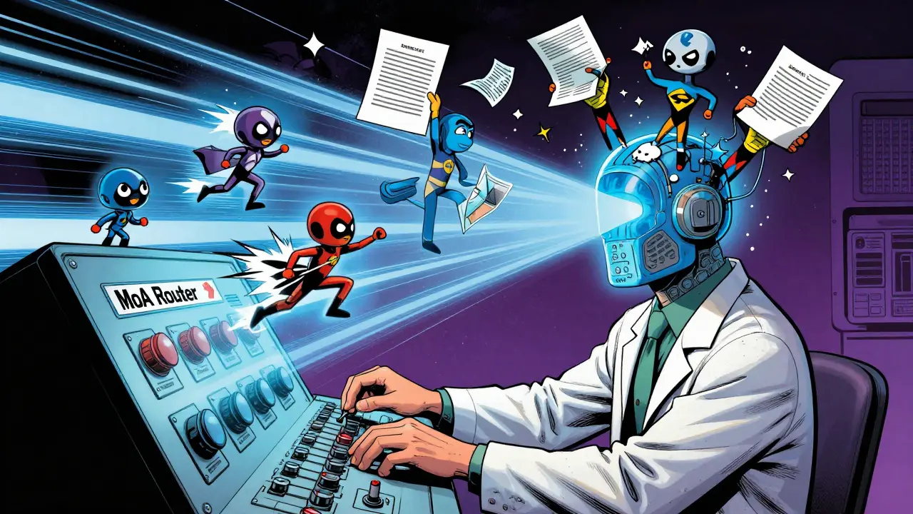 A scientist controlling a router panel as task-specific avatars emerge from an AI model’s head like superheroes.