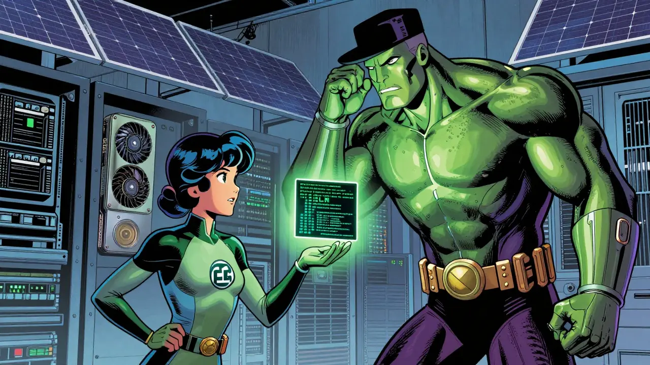 A small AI hero handing off a task to a giant AI titan in a hybrid system setup.