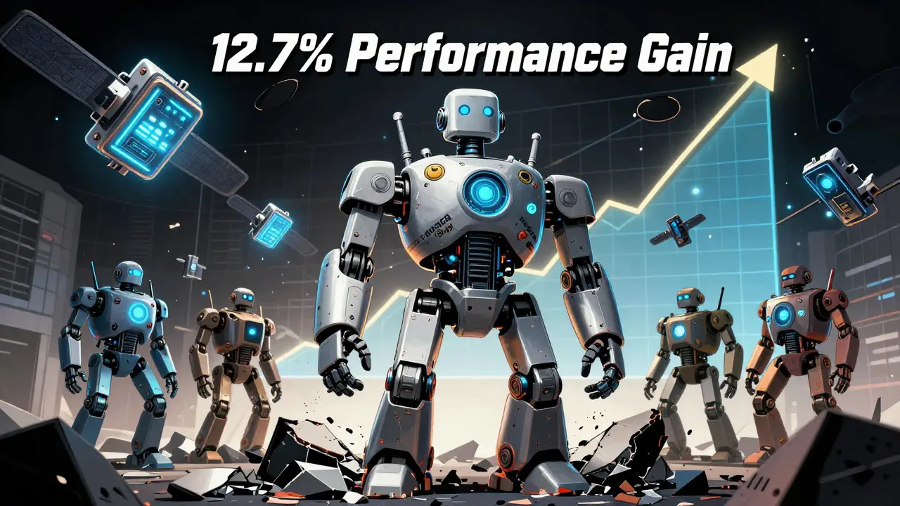 A small AI robot stands victorious over a broken giant model, with glowing adapters orbiting it and a performance graph in the background.