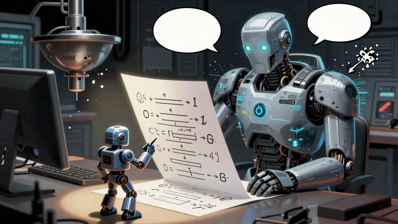 A small robot copies clean reasoning chains from a massive teacher model while messy thoughts are filtered out.