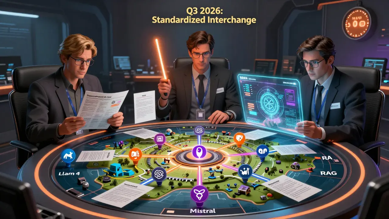 A specialist team managing a dynamic LLM portfolio map with RAG data streams, preparing for 2026 standards in a dim ops room.