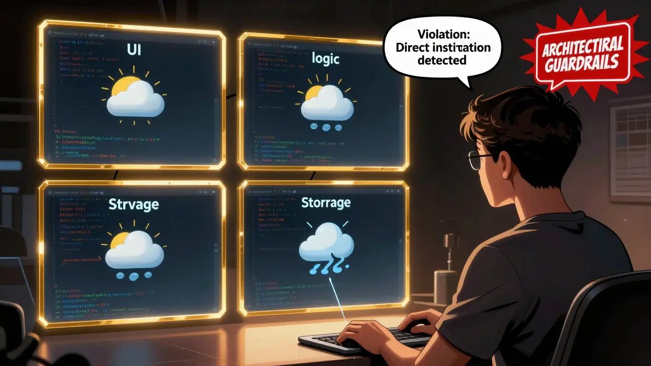 A student sees their app split into services as an AI flags an architectural violation with a glowing alert.