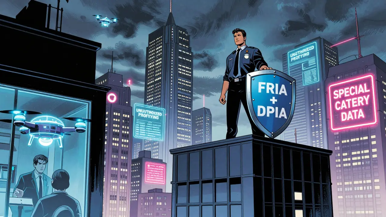 AI drones monitor workers in a cityscape as a Data Protection Officer stands heroically with FRIA and DPIA shield.