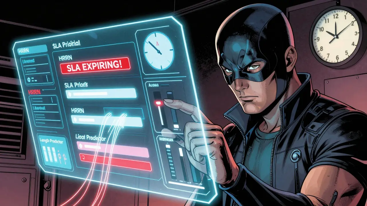 AI scheduler adjusting priority sliders as LLM requests glow with SLA timers and HRRN indicators.