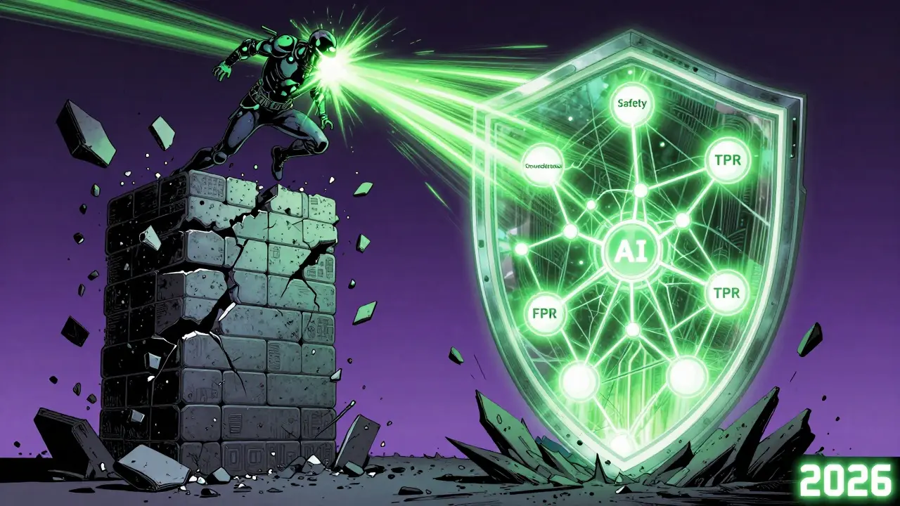 An adaptive KPI network rises from shattered firewalls, repelling a rogue LLM attack with self-learning defenses.