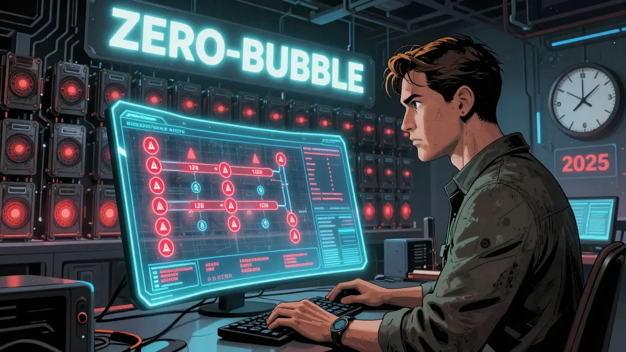 An engineer facing a holographic pipeline dashboard with red alerts, thousands of GPUs glowing behind, under a 'ZERO-BUBBLE' banner.