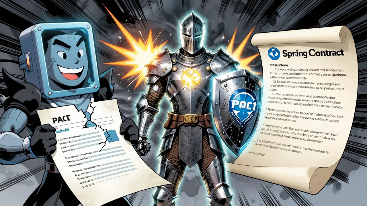 Armored contract test knight defending against a broken AI API with precise schema scroll glowing in hand.