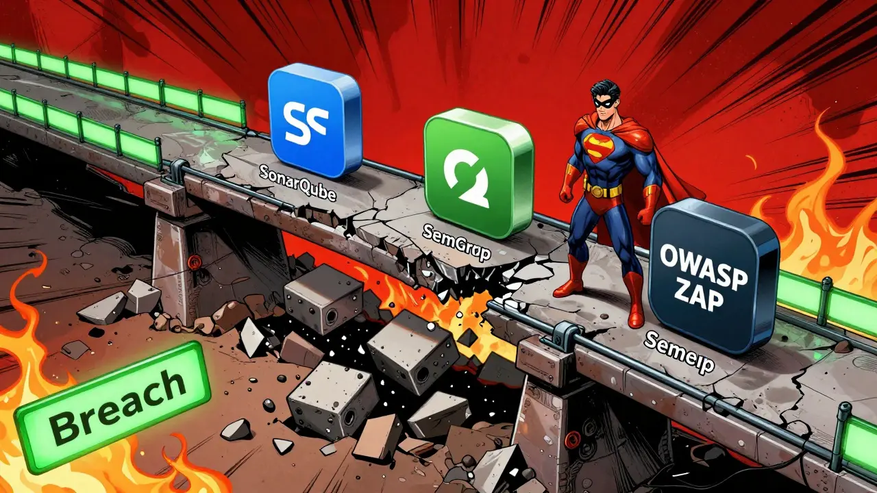 CI/CD bridge collapsing under AI code, with security tools heroically holding it up against breach.