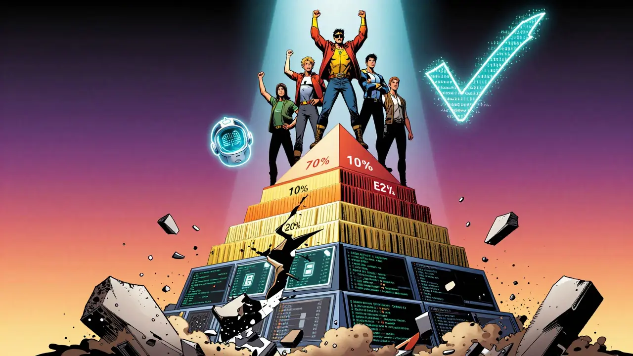 Engineering team atop a test pyramid as crumbling AI code falls below, AI co-pilot helmet hovering nearby.