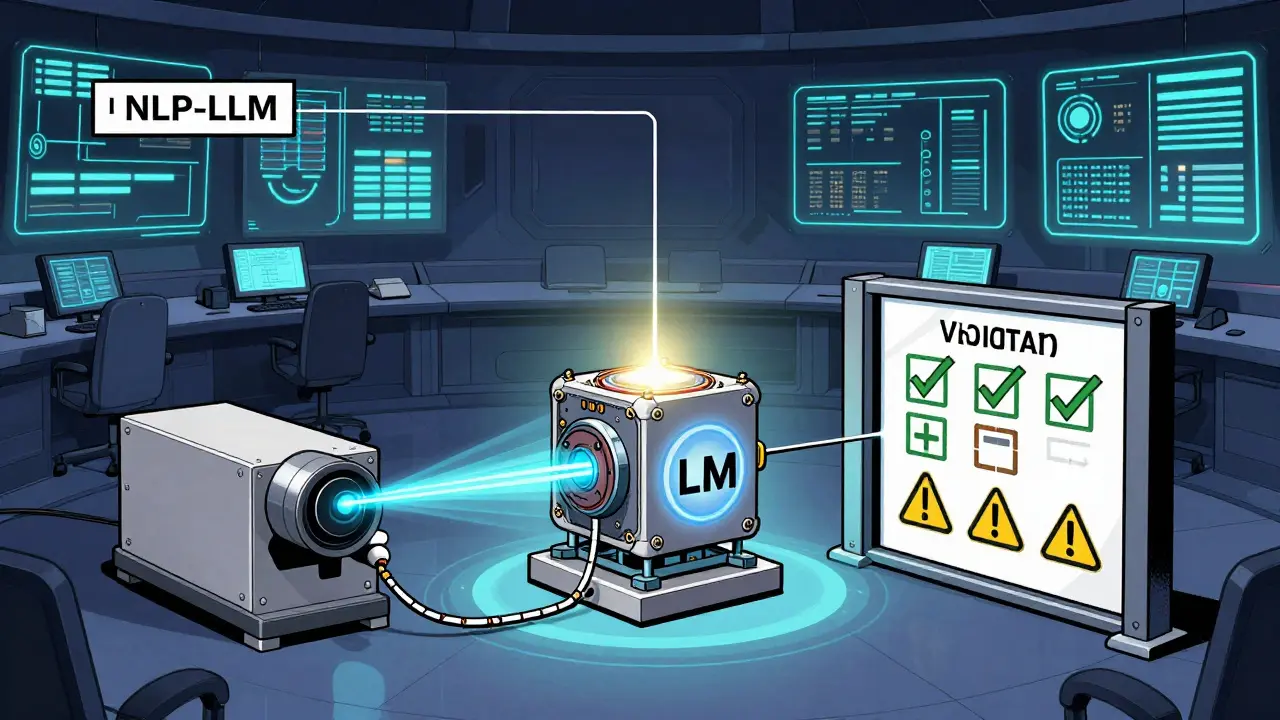 Hybrid system with NLP pipeline feeding clean data into an LLM and validation gate
