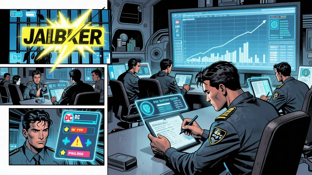 Security analysts monitor and correct AI threats using holographic KPI dashboards in a high-tech war room.