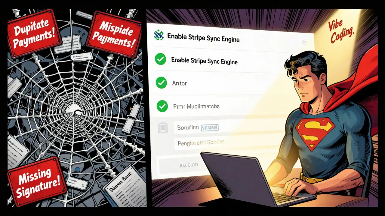 Split scene: chaotic errors vs. clean Stripe Sync Engine activation with glowing green checkmarks.