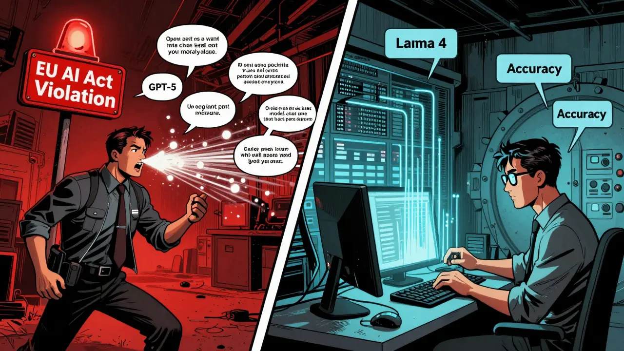 Split scene showing compliance failure with an API model versus secure control with an open-source model, under EU AI Act scrutiny.